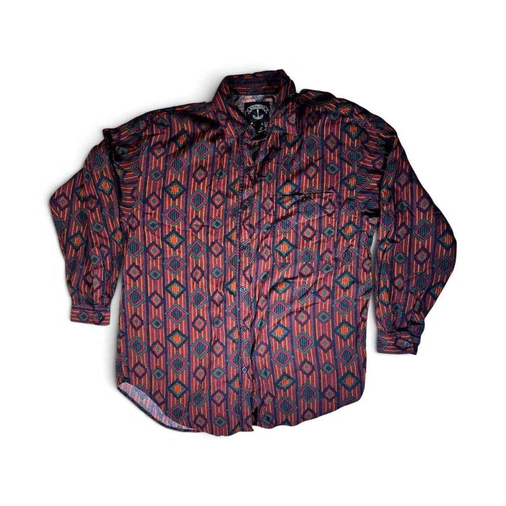 Vtg Woman's Solutions L Geometric Long Sleeve Rayon Woven Button-Up Shirt